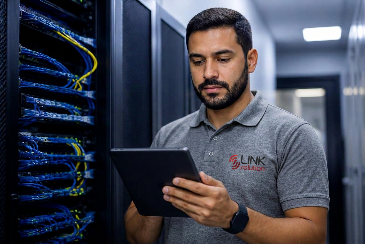 Técnico da Link Solution operando rack de cabeamento estruturado em data center